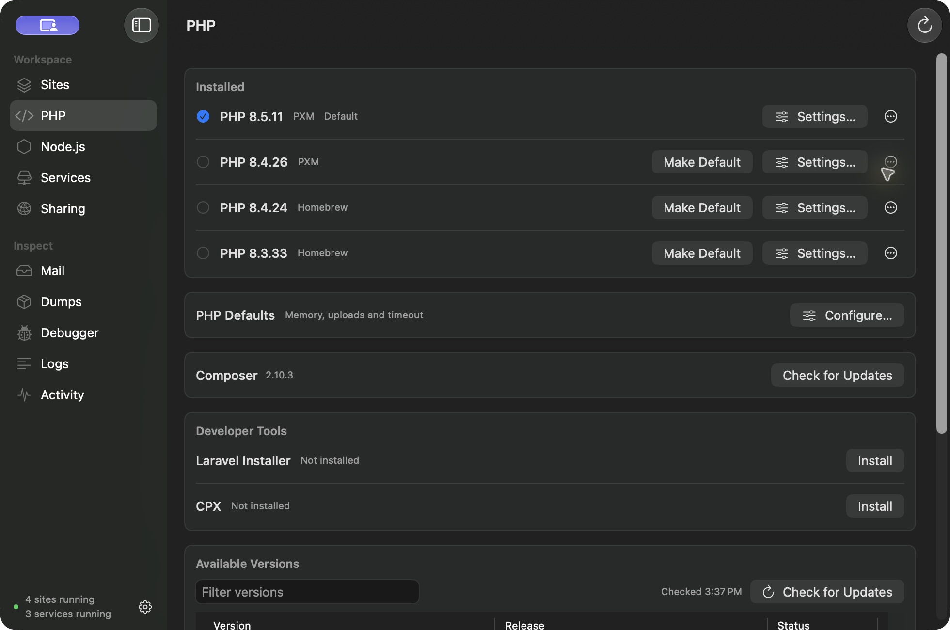 PXM PHP manager listing PHP 8.5.11 and 8.4.26 installed by PXM, PHP 8.4.24 and 8.3.33 detected from Homebrew, PHP defaults, Composer 2.10.3, and developer tools.