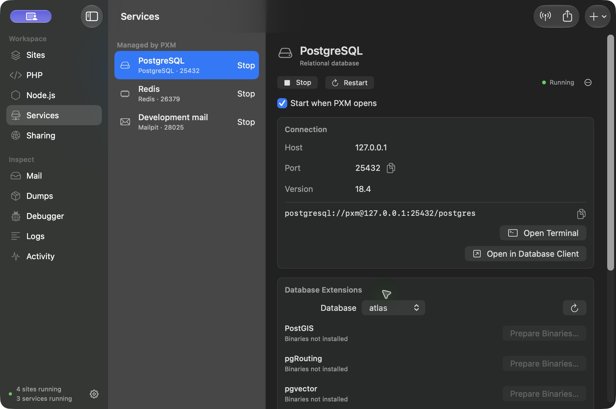 PXM Services with a managed PostgreSQL 18.4 instance running on port 25432, its connection string, and the PostGIS, pgRouting, and pgvector extensions panel for the atlas database.