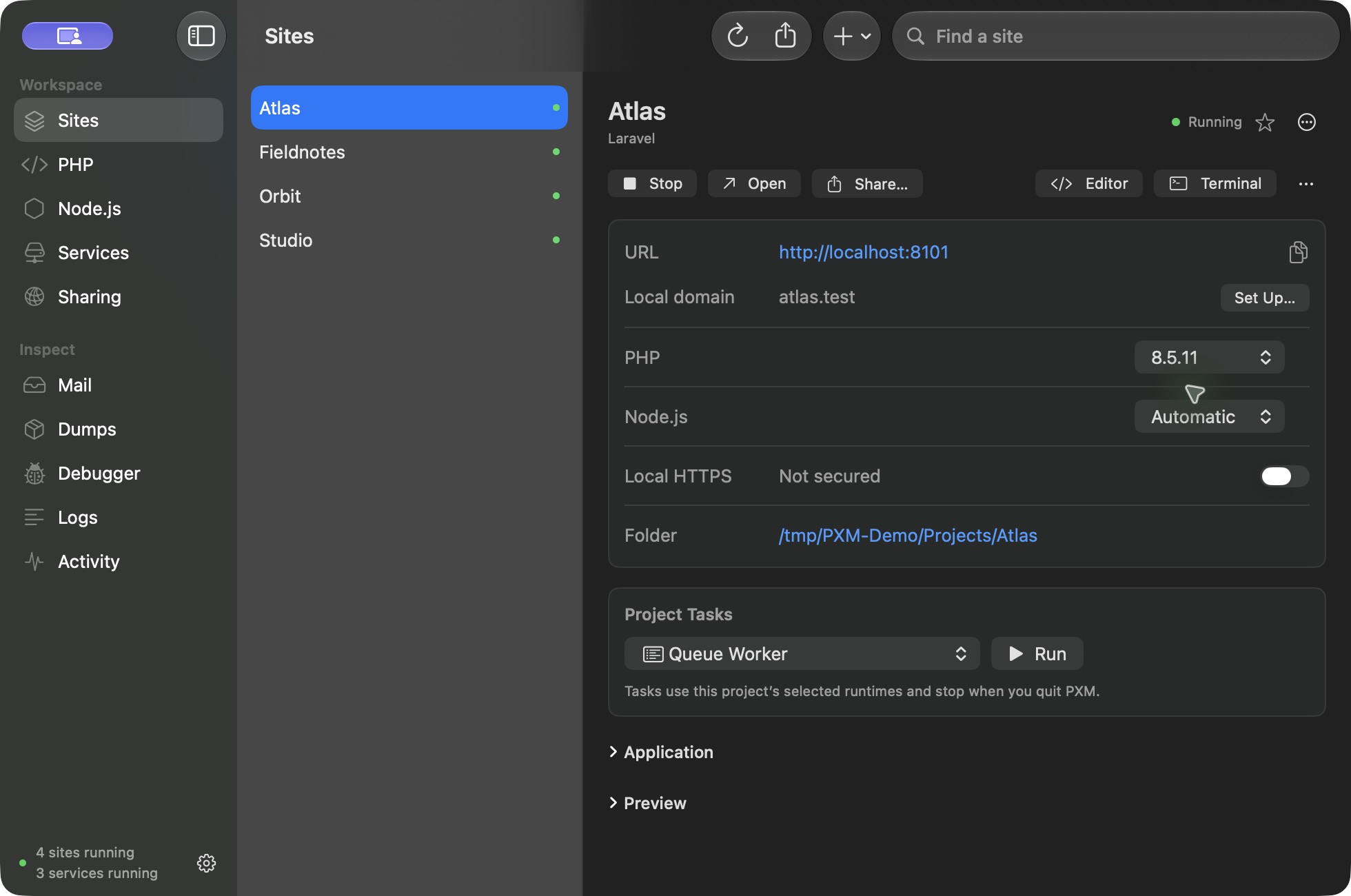PXM Sites on macOS with the Atlas Laravel project selected, PHP 8.5.11 pinned, local HTTPS not yet enabled, and a Queue Worker task ready to run.